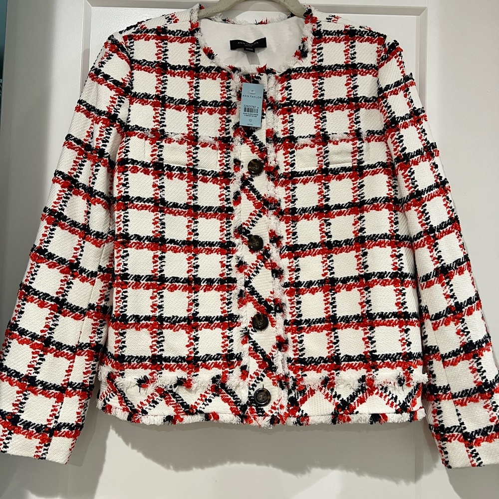 Ann Taylor Red and Blue Plaid Tweed FringeBlazer